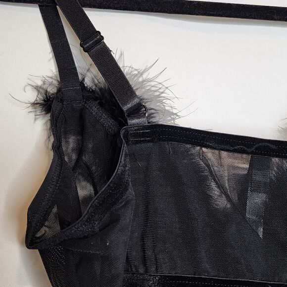 3X 22W 24W Black Marabou Flyaway Bralette Thong Set Lingerie 50s Pinup Sheer NWT - Picture 7 of 11